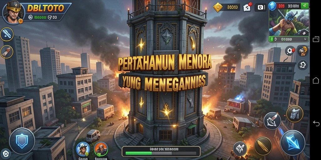 Screenshot gameplay DBLTOTO dengan menara pertahanan yang kuat.