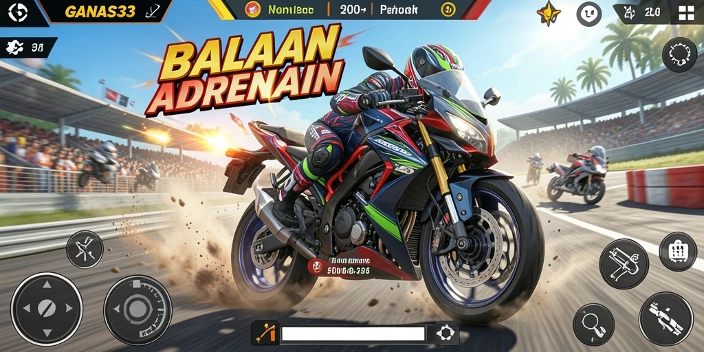 Tampilan gameplay balapan motor yang mendebarkan di GANAS33.